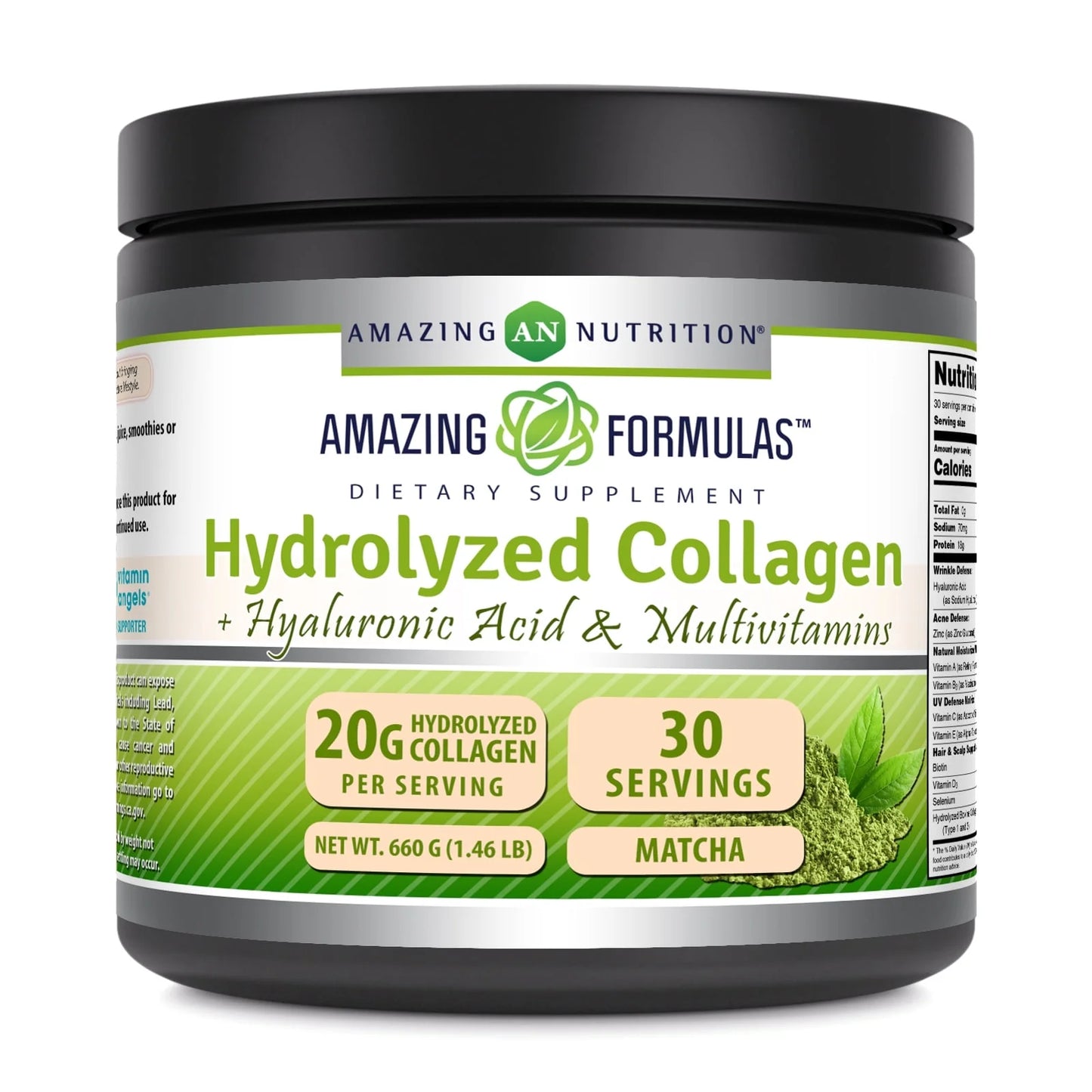 Hydrolyzed Bovine Collagen Matcha Flavor Type I & III Powder with Contains Hyaluronic Acid & Multivitamins | 1.46 Lb (660 Grams) | Matcha Flavor | Non-Gmo | Gluten Free